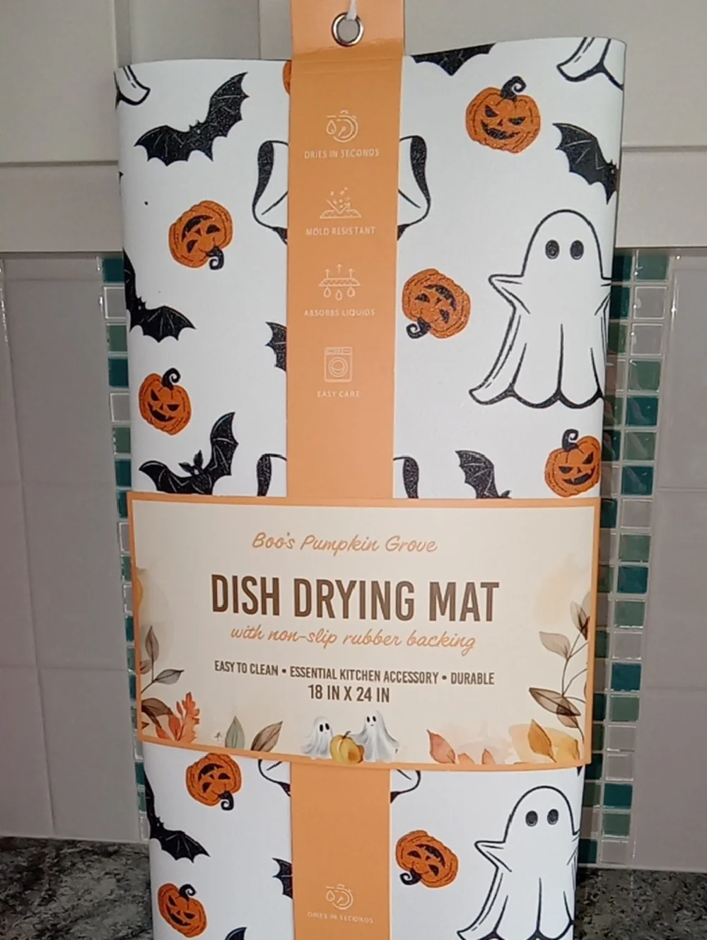 Boo's Pumpkin Grove Halloween Dish Drying Mat - White with Orange & Black XL